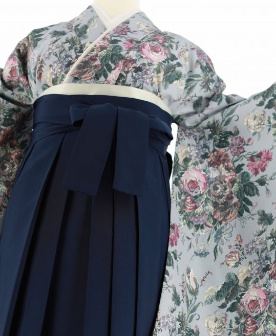 卒業式着物[ジャガード風]ブルーグレーにバラやカーネーション等の花柄